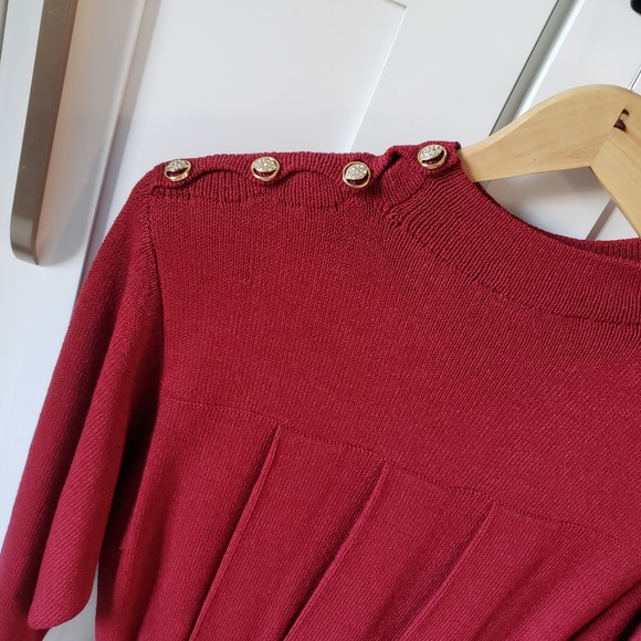 St John Marie Gray Dress Womens 12 Red Knit Mock Neck Shoulder Pads Made in USA - Picture 6 of 11